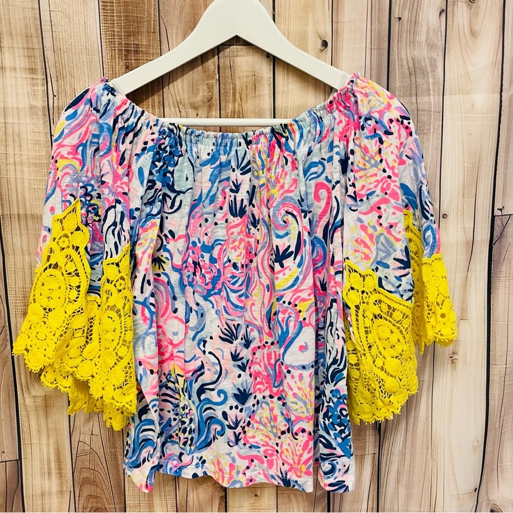 Off-Shoulder Zaylee Top Yellow Crochet Sleeves Lilly Pulitzer Size XS